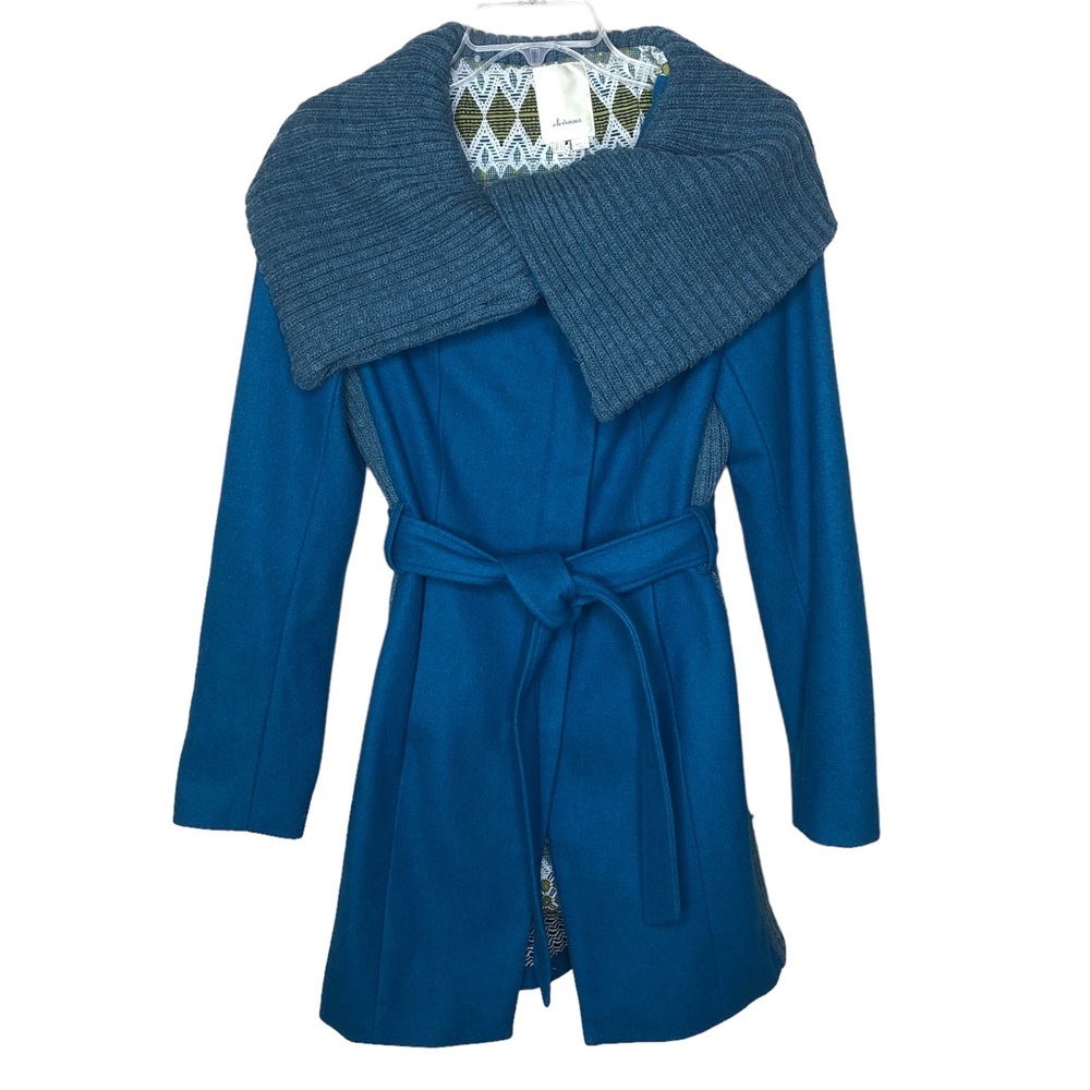 Anthropologie Elevenses Judith Wool Coat Size 0 Blue Lined Belt Boho Statement